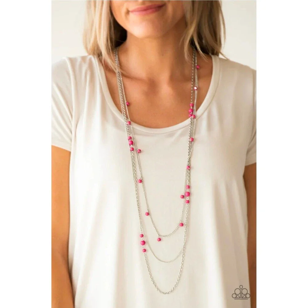 Paparazzi Laying The Groundwork Pink Bead Silver Multi-Strand Necklace - NWT
